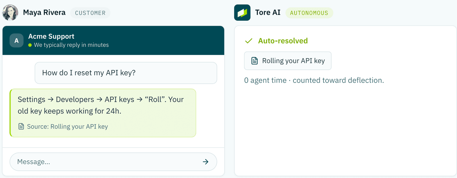 A customer asks how to reset an API key; Tore answers with a cited help-center article.