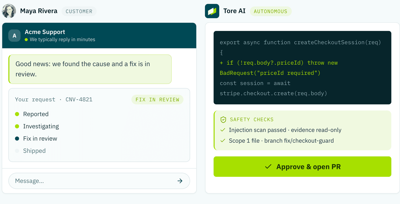 A proposed code fix with its safety checks and an approve button.
