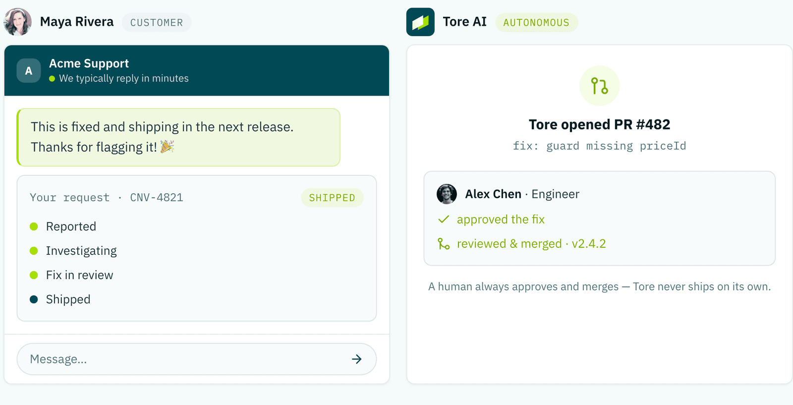 The customer conversation updated to shipped, with the engineer who approved and merged the fix.